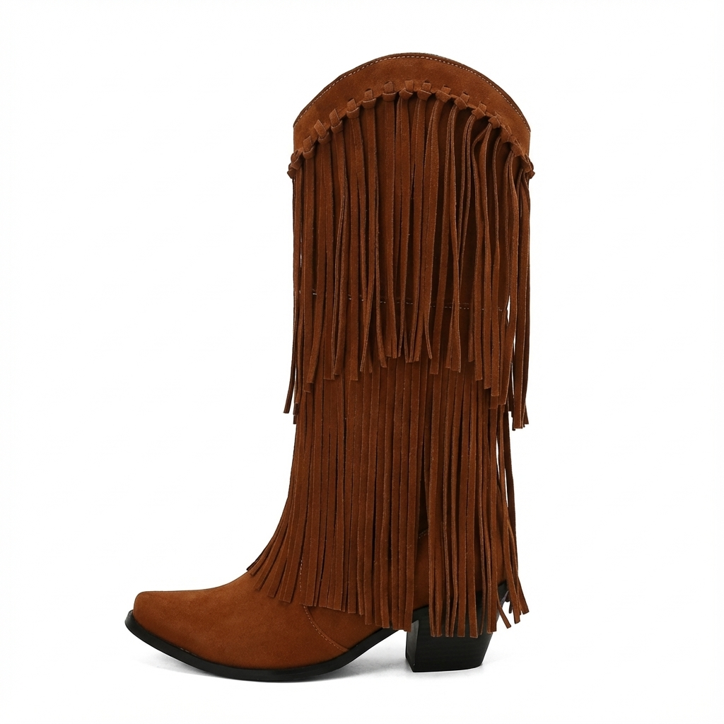 Santiag haute marron Daim Synthétique Femme - Franges longues, talon cubique