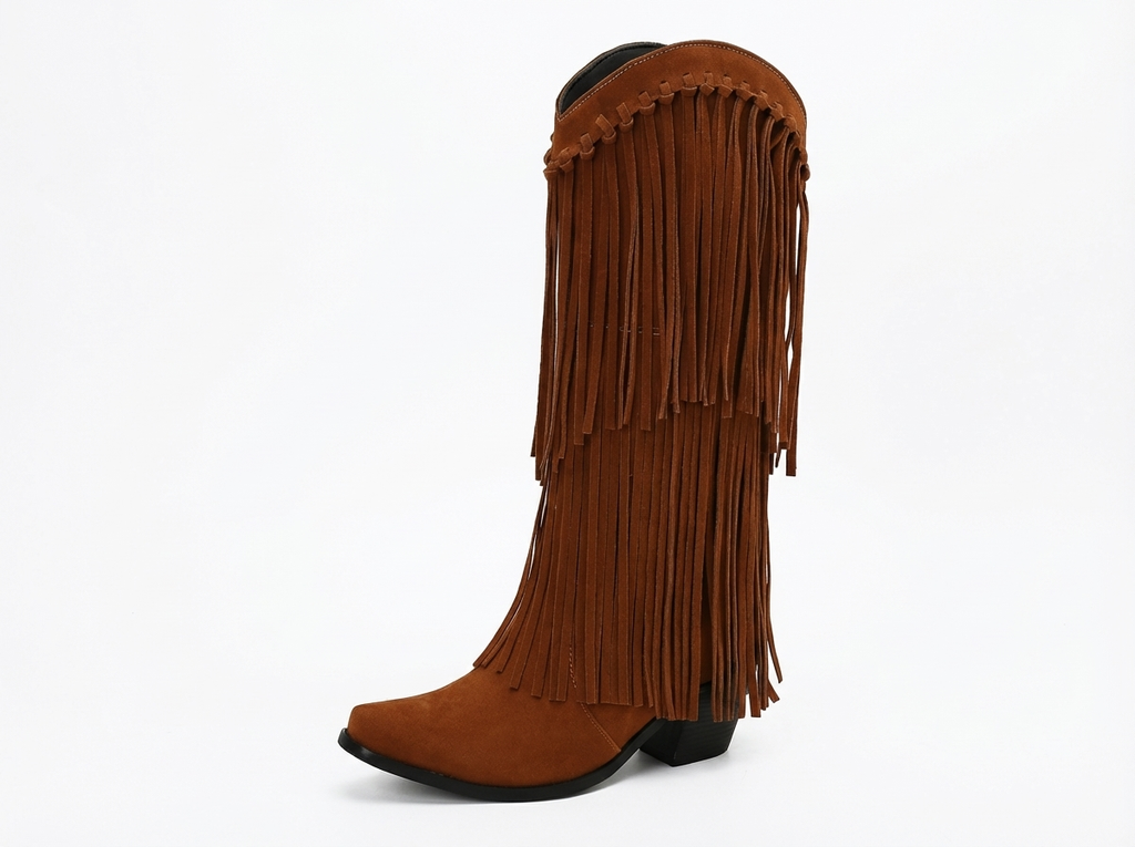Santiag haute marron Daim Synthétique Femme - Franges longues, talon cubique