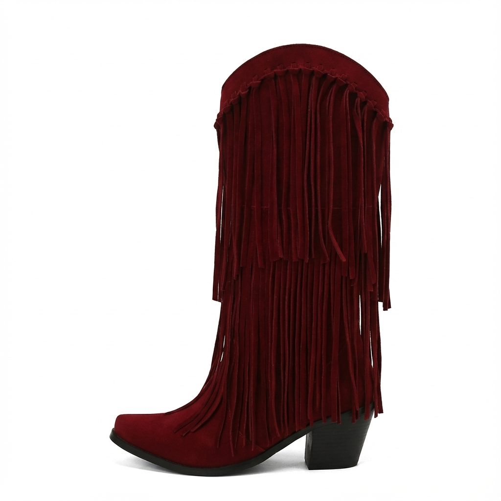 Santiag haute rouge Daim Synthétique Femme - Franges, style cowboy