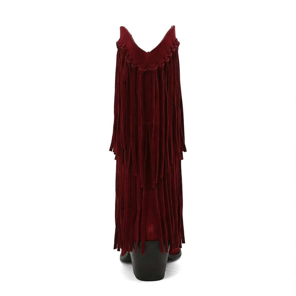 Santiag haute rouge Daim Synthétique Femme - Franges, style cowboy