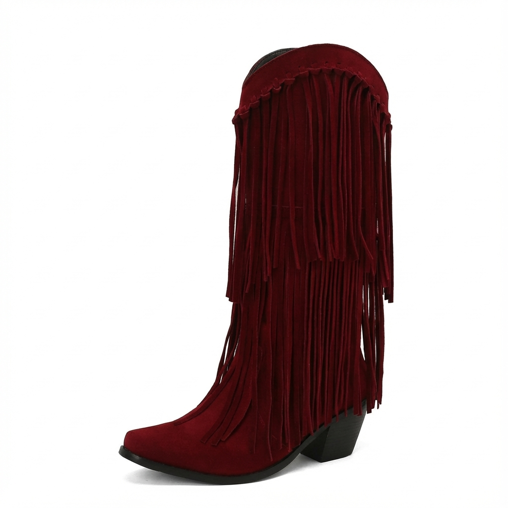 Santiag haute rouge Daim Synthétique Femme - Franges, style cowboy