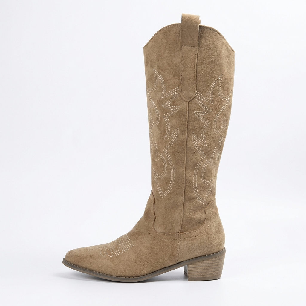 Santiag haute beige Simili Cuir Femme - Broderies western, talon bois