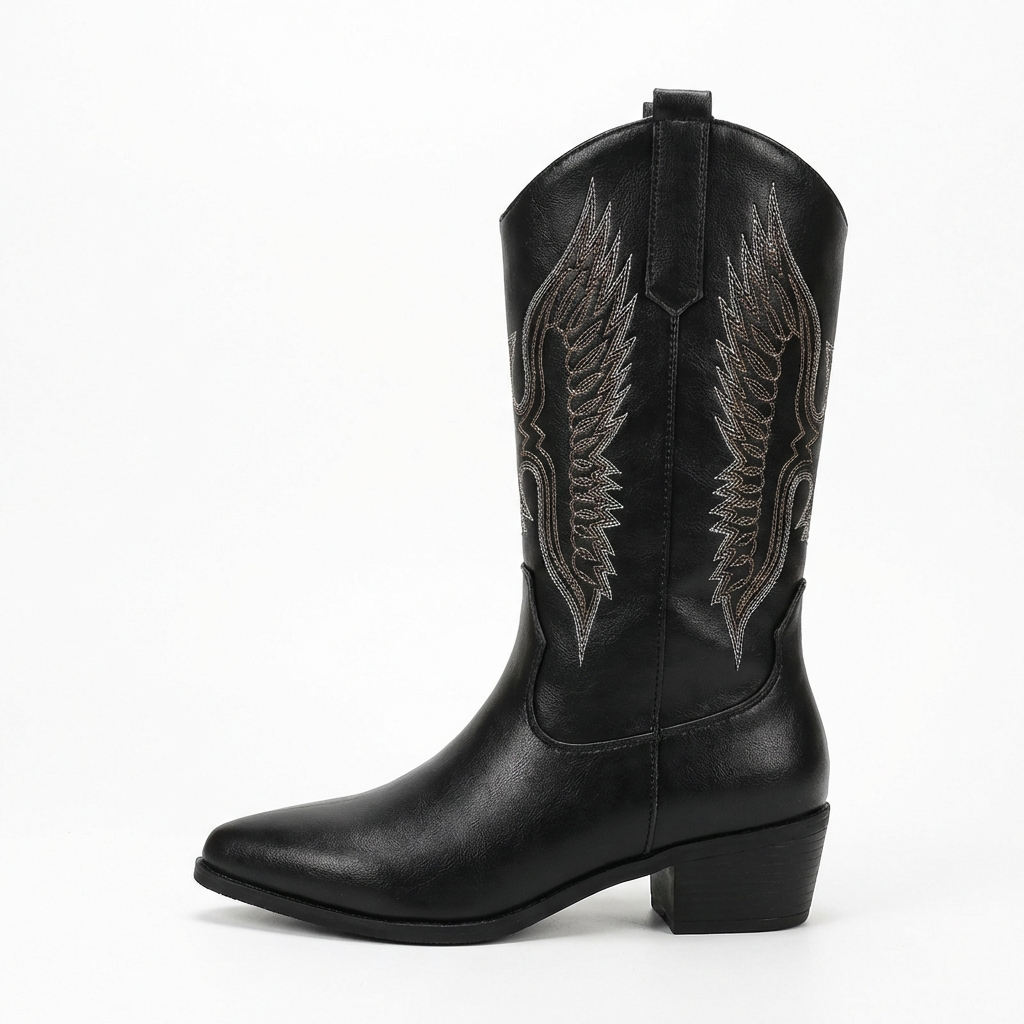 Santiag haute noir Simili Cuir Femme - Broderies western, bout pointu