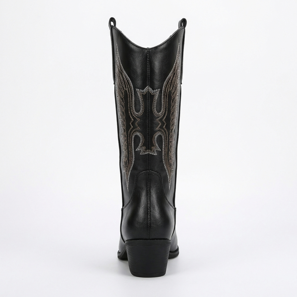 Santiag haute noir Simili Cuir Femme - Broderies western, bout pointu
