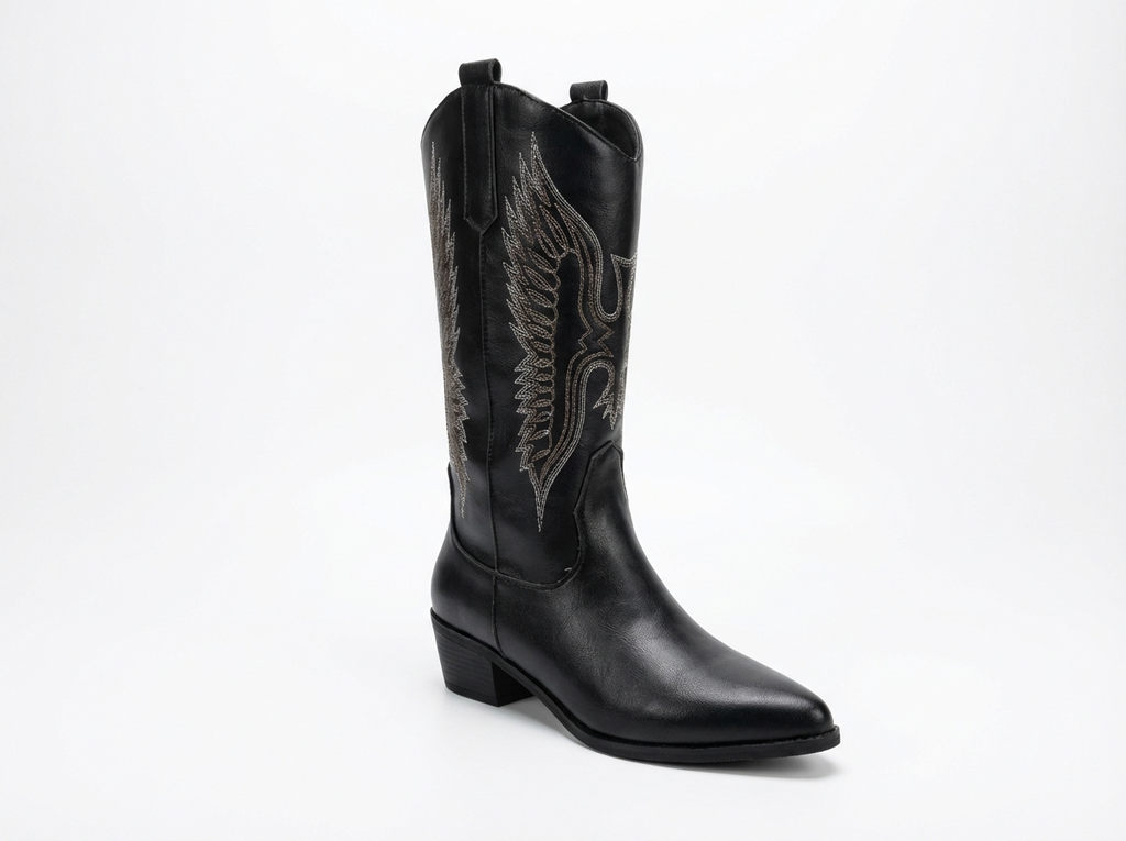 Santiag haute noir Simili Cuir Femme - Broderies western, bout pointu