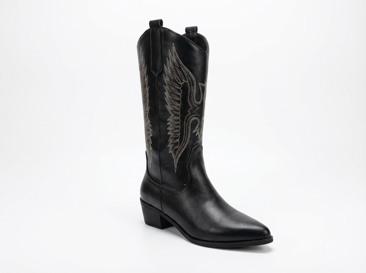 Santiag haute noir Simili Cuir Femme - Broderies western, bout pointu