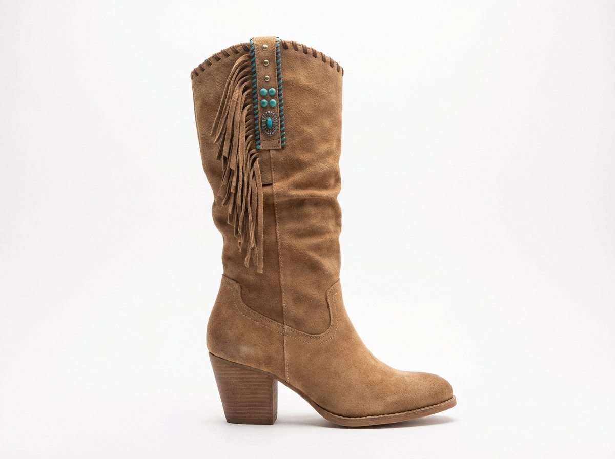 Santiag mi-haute marron clair Daim Femme - Franges longues, turquoise