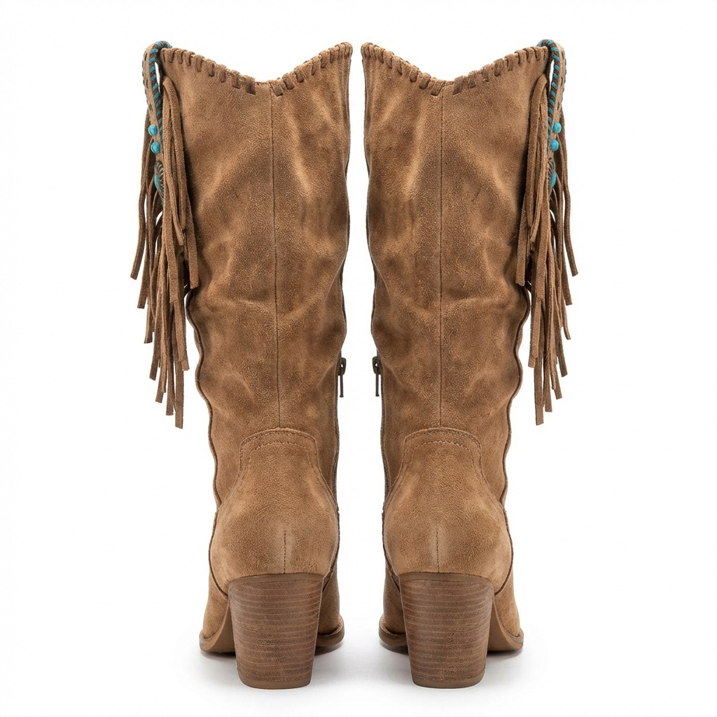 Santiag mi-haute marron clair Daim Femme - Franges longues, turquoise