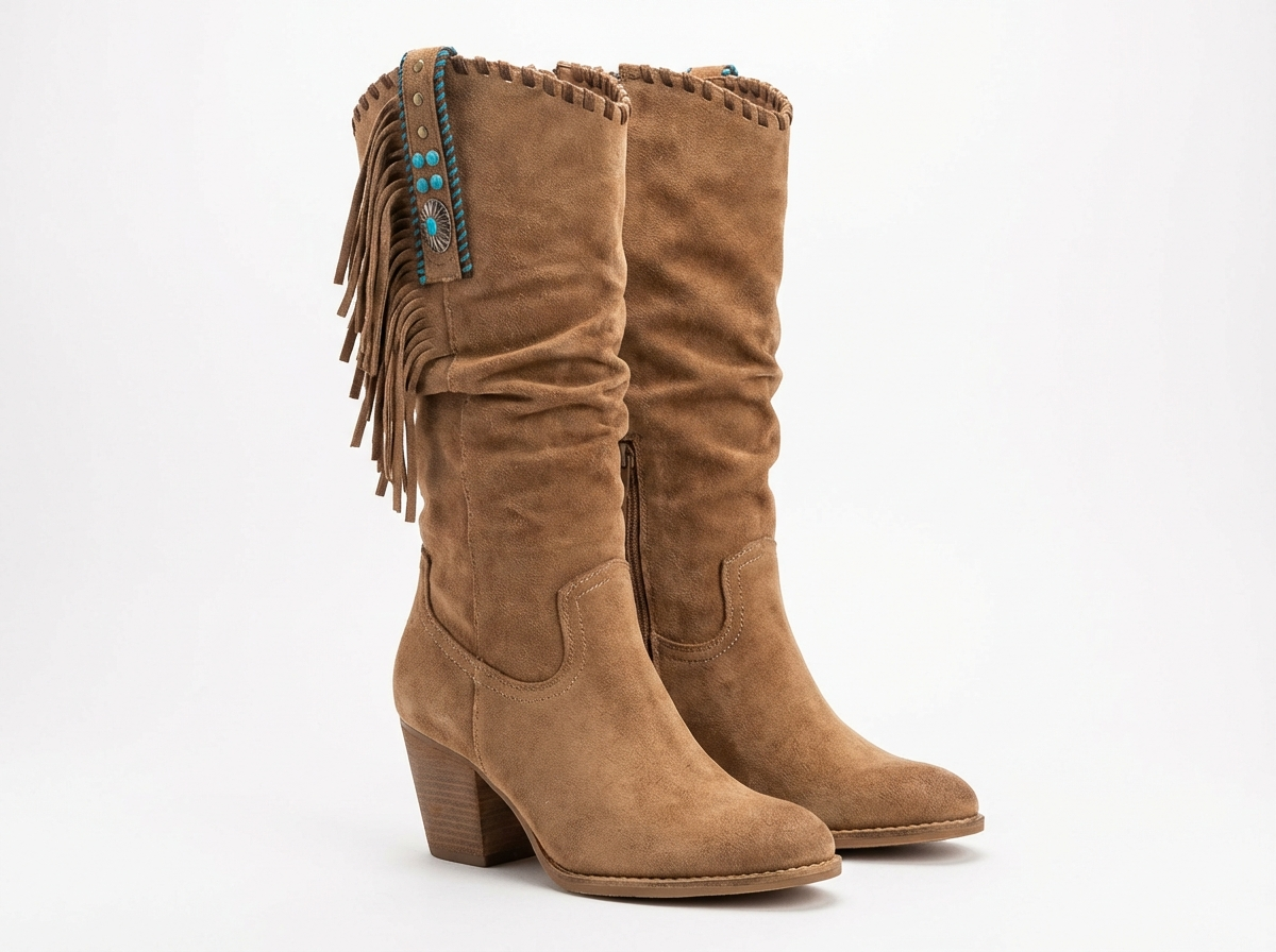 Santiag mi-haute marron clair Daim Femme - Franges longues, turquoise
