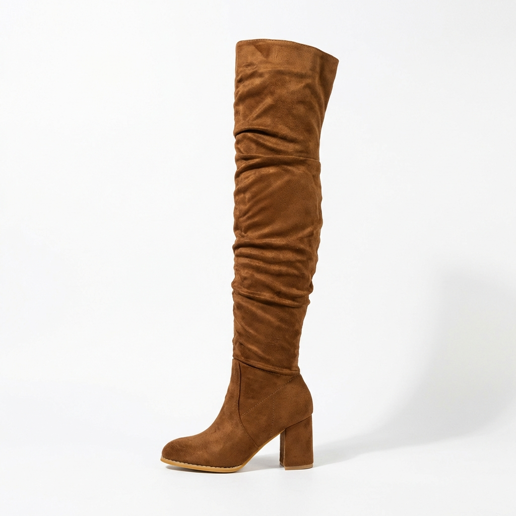 Botte haute marron Daim Synthétique Femme - Style western, talon carré