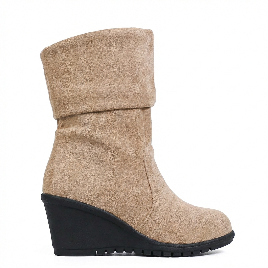 Santiag mi-haute marron clair Daim Femme - Talon compensé, repliable