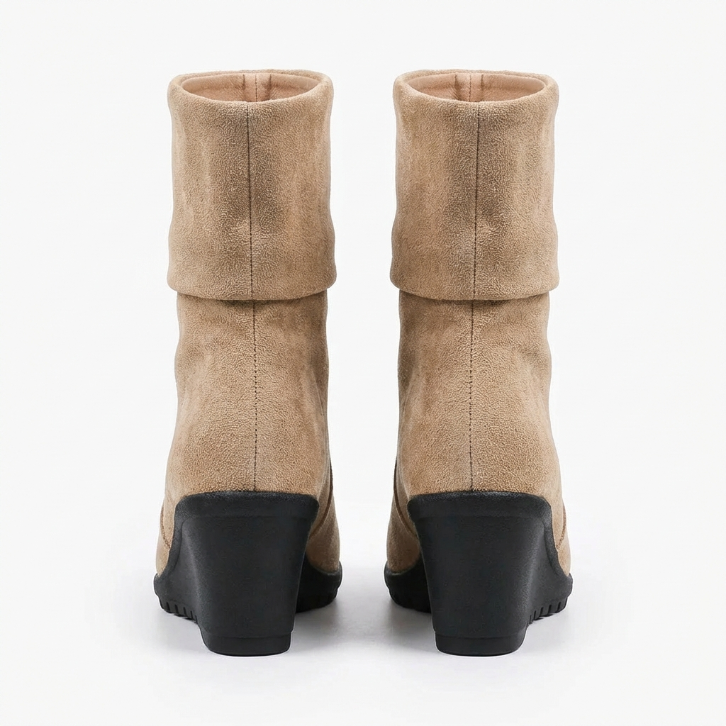Santiag mi-haute marron clair Daim Femme - Talon compensé, repliable