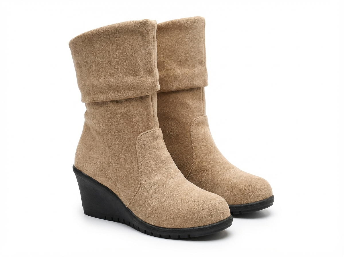 Santiag mi-haute marron clair Daim Femme - Talon compensé, repliable