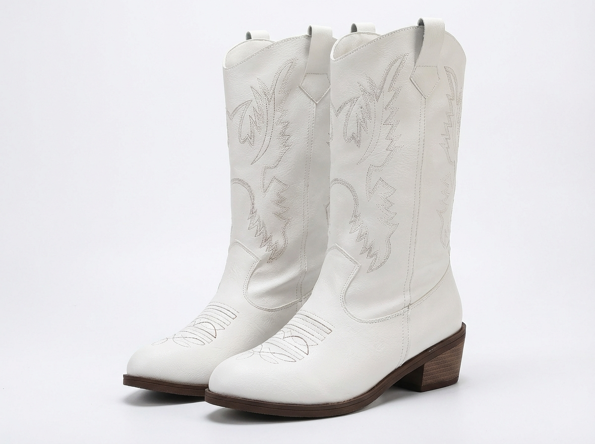 Santiag mi-haute blanc Synthétique Femme - Broderies western