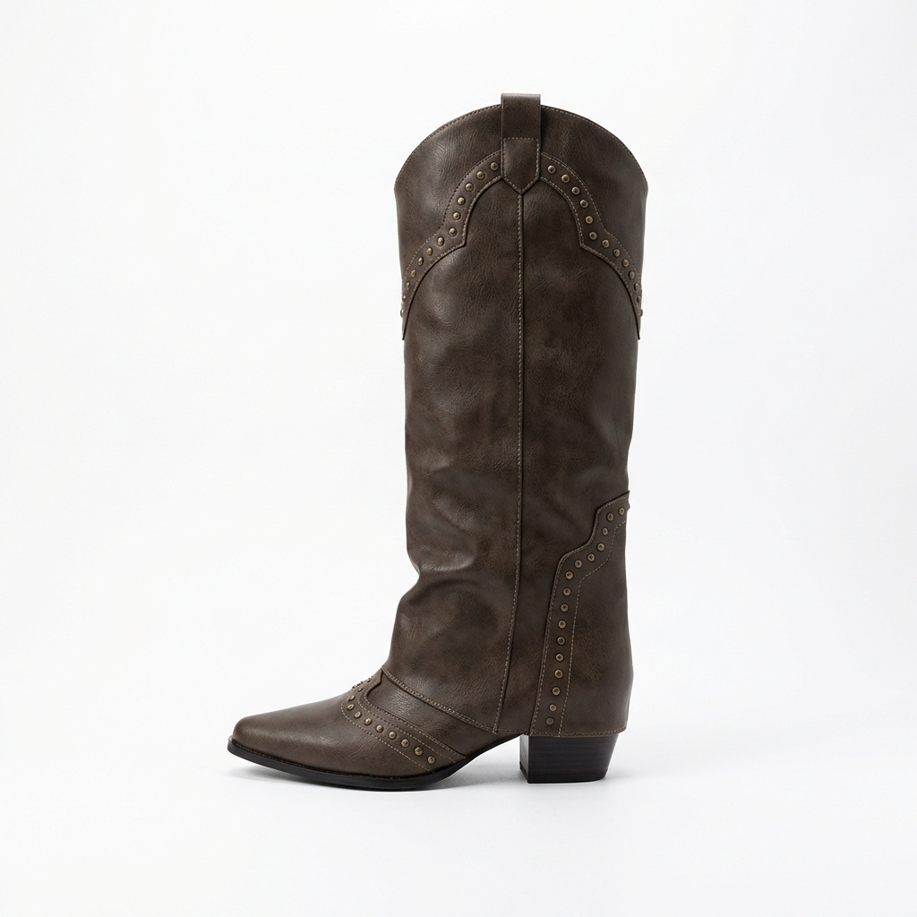 Santiag haute marron foncé Simili Cuir Femme - Clous géométriques