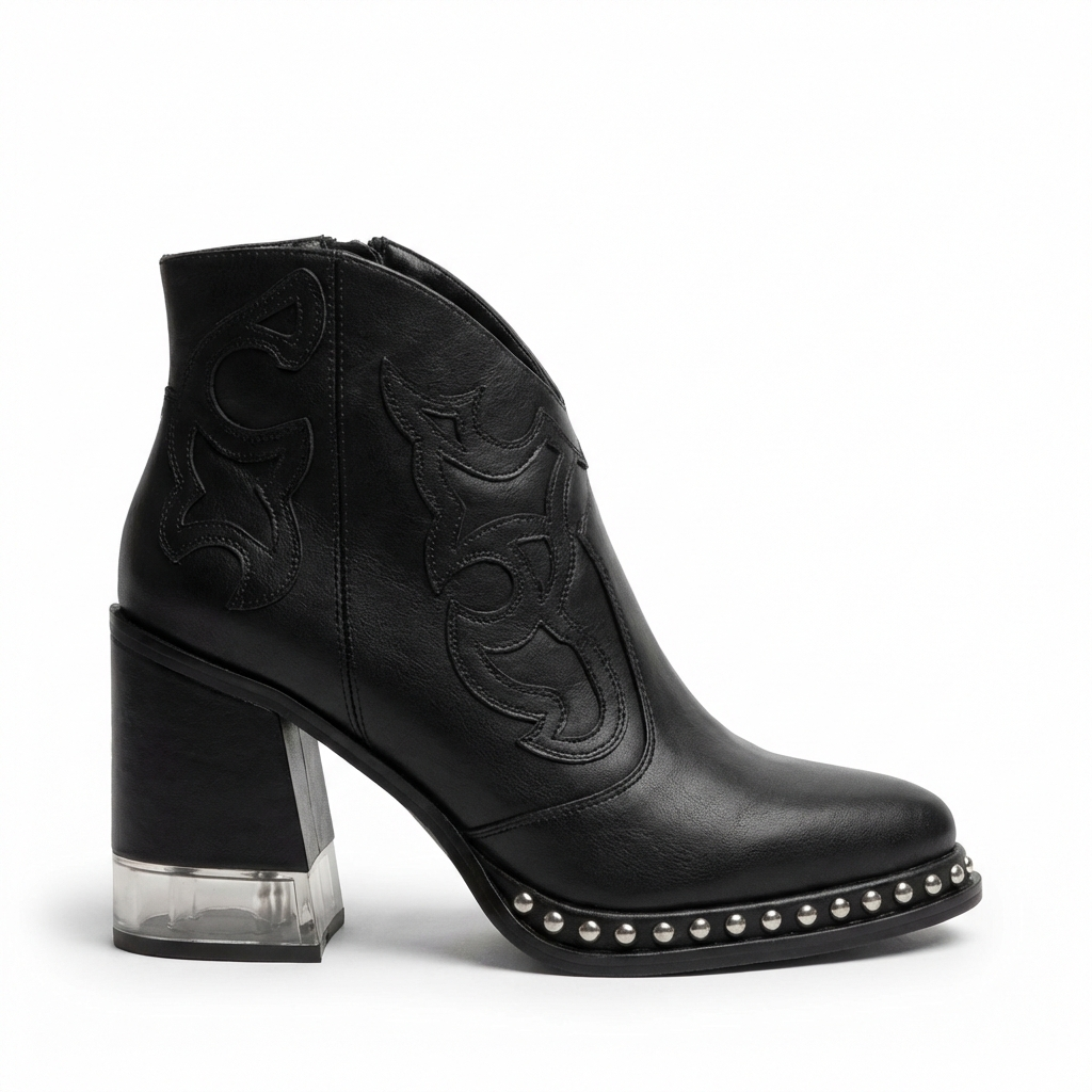 Santiag mi-haute noir Simili Cuir Femme - Broderies western, clous