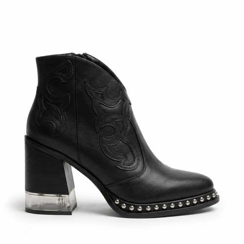 Santiag mi-haute noir Simili Cuir Femme - Broderies western, clous