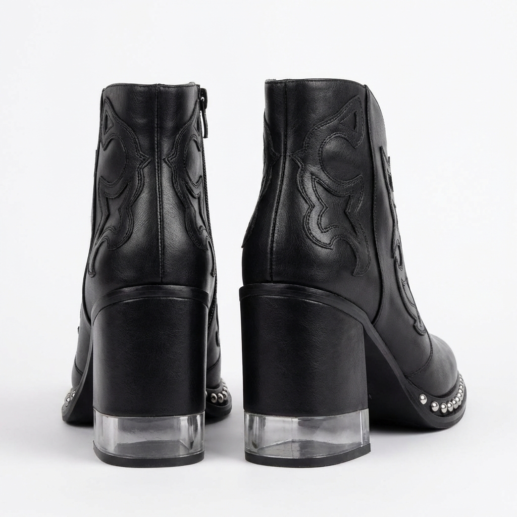 Santiag mi-haute noir Simili Cuir Femme - Broderies western, clous