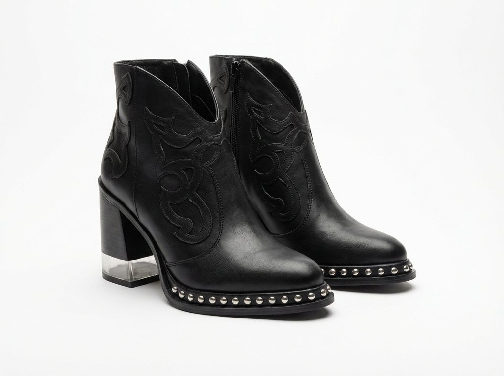 Santiag mi-haute noir Simili Cuir Femme - Broderies western, clous