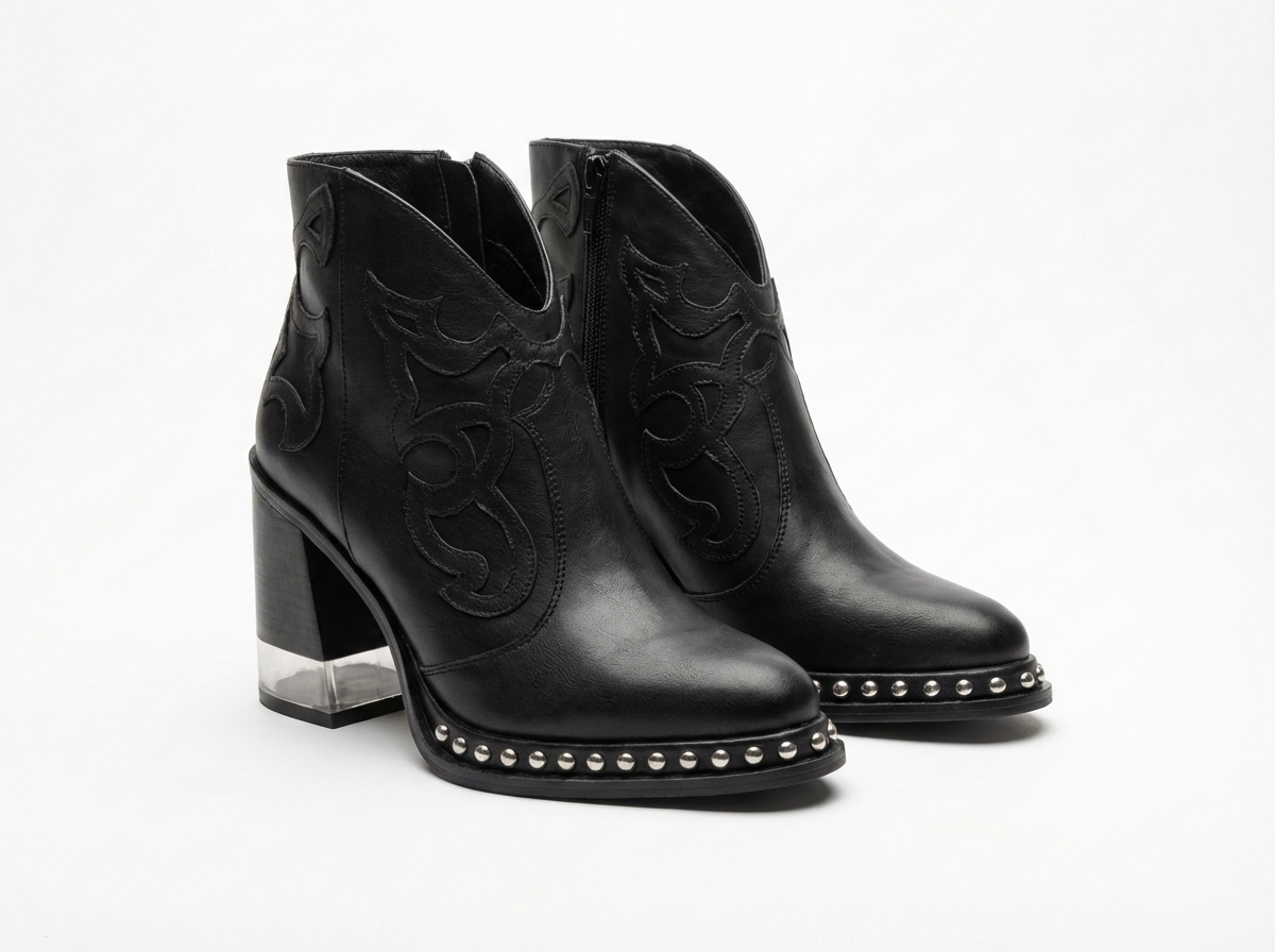 Santiag mi-haute noir Simili Cuir Femme - Broderies western, clous
