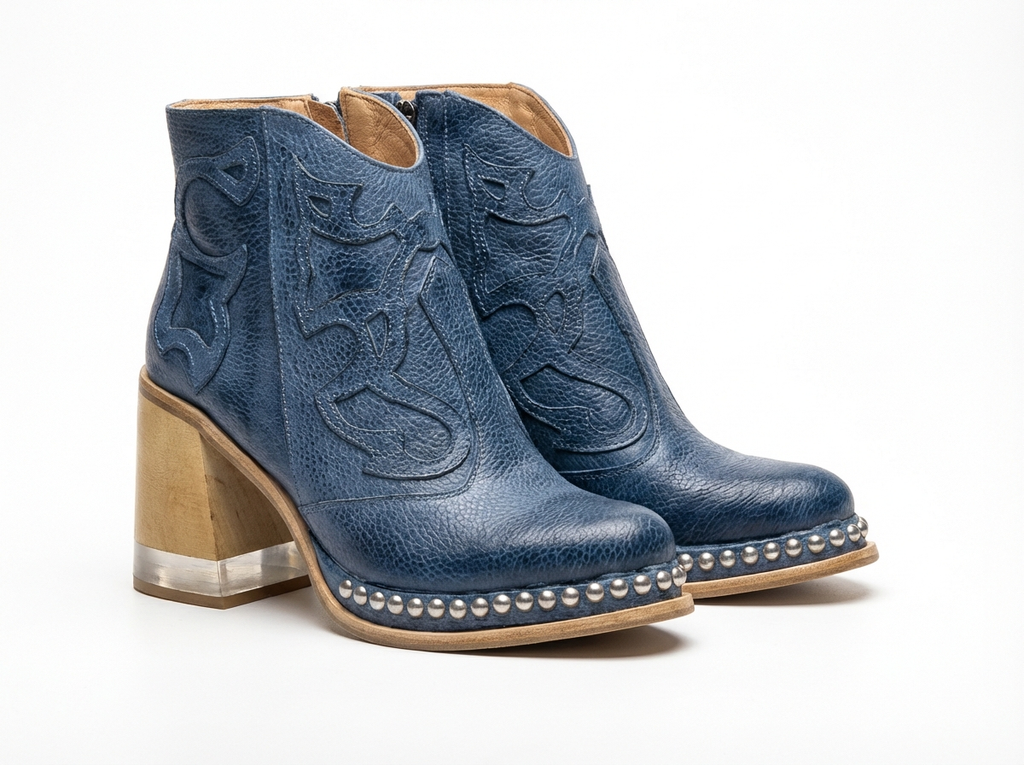 Santiag basse bleu Simili Cuir Femme - Bout arrondi, talon bloc