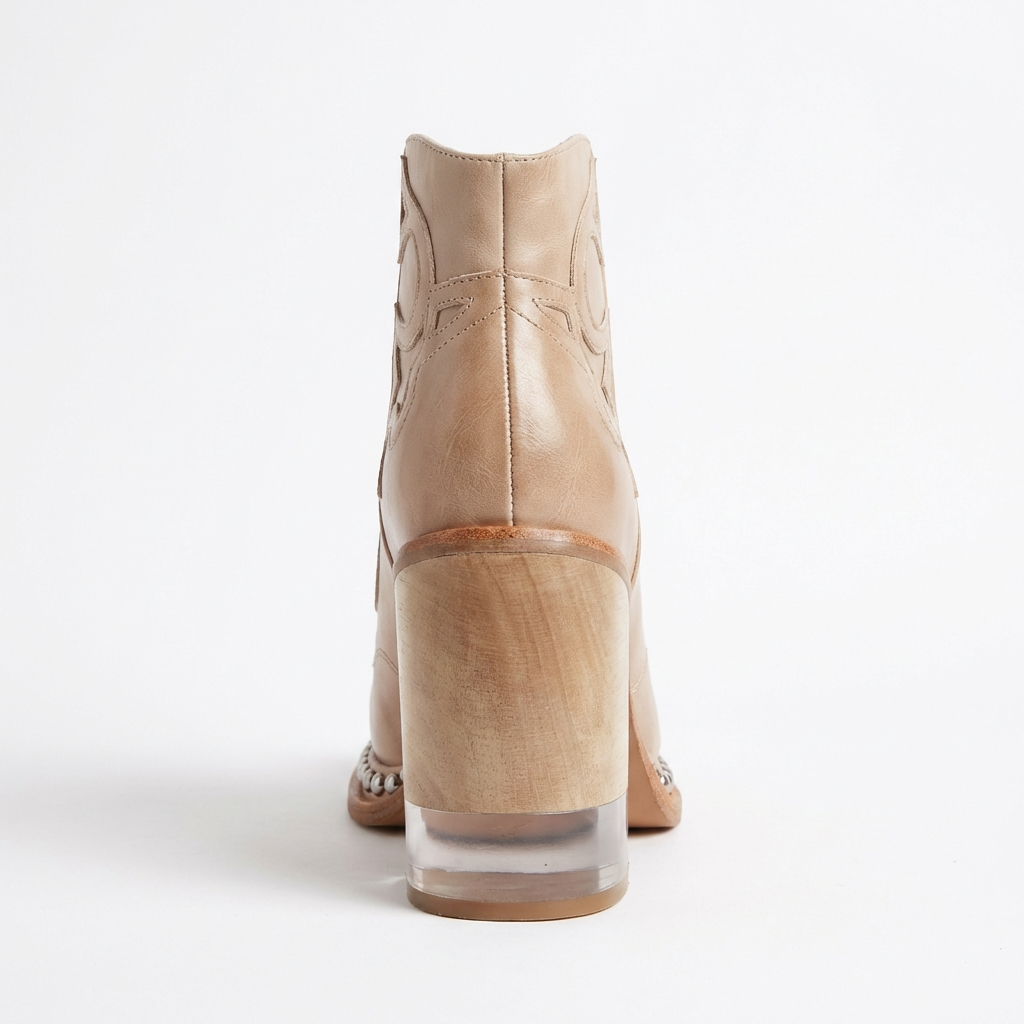 Santiag basse beige Simili Cuir Femme - Talon épais, clous
