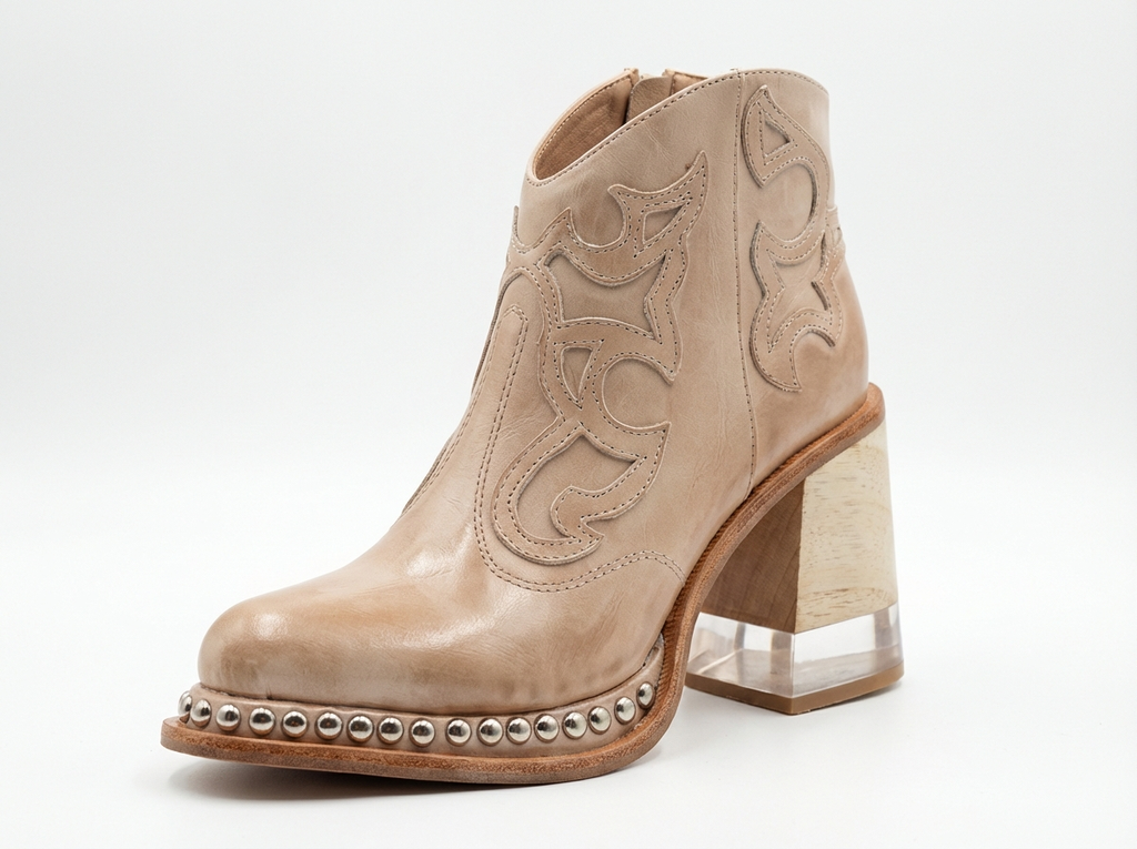 Santiag basse beige Simili Cuir Femme - Talon épais, clous