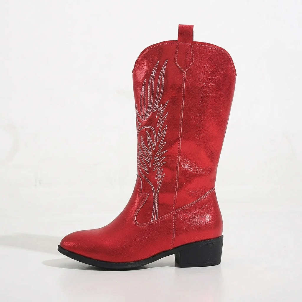 Santiag mi-haute rouge Simili Cuir Femme - Broderies western