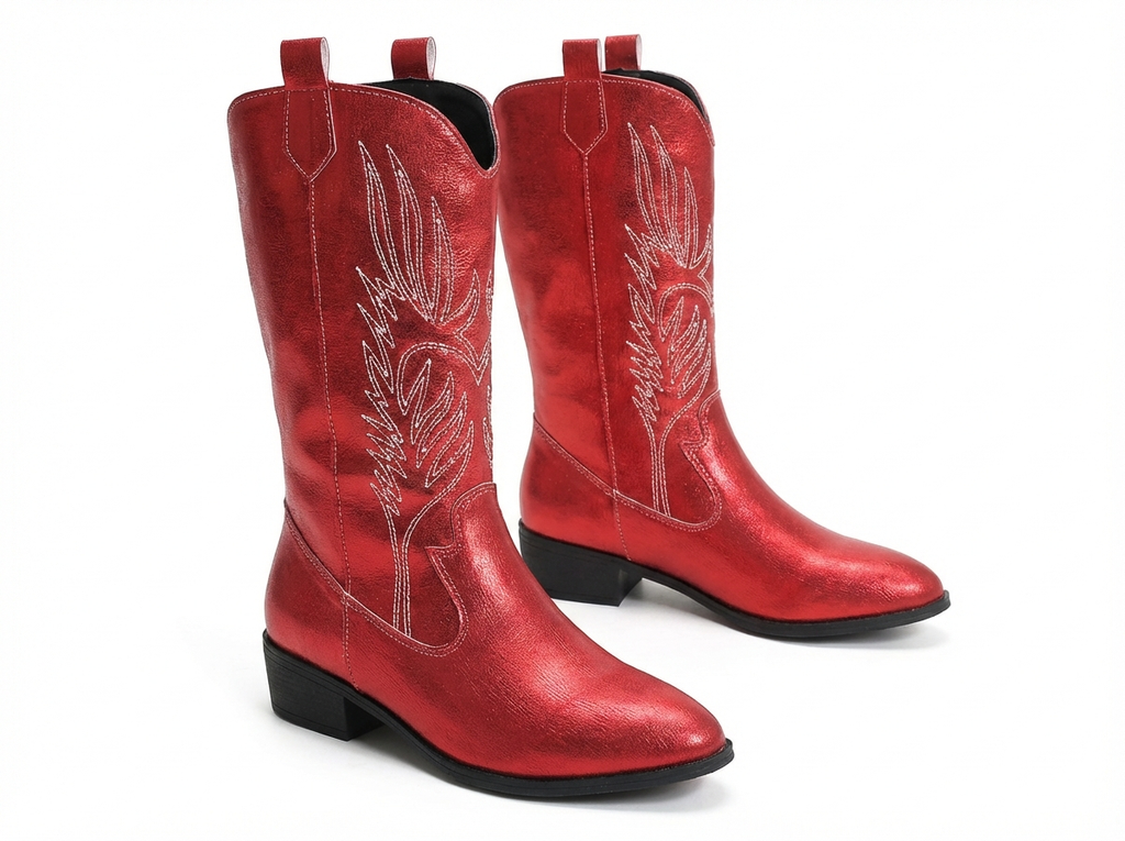 Santiag mi-haute rouge Simili Cuir Femme - Broderies western