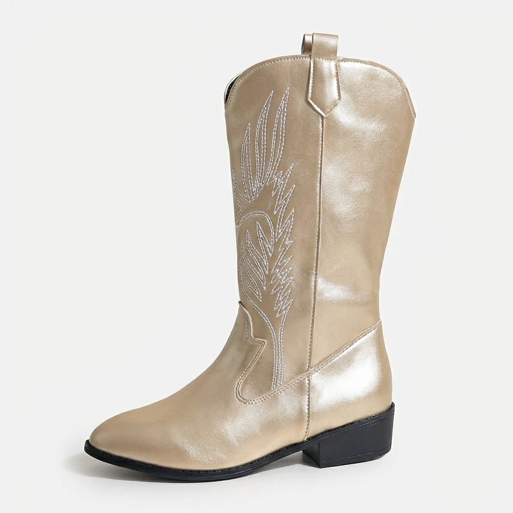 Santiag mi-haute doré Simili Cuir Femme - Broderies, style cowboy
