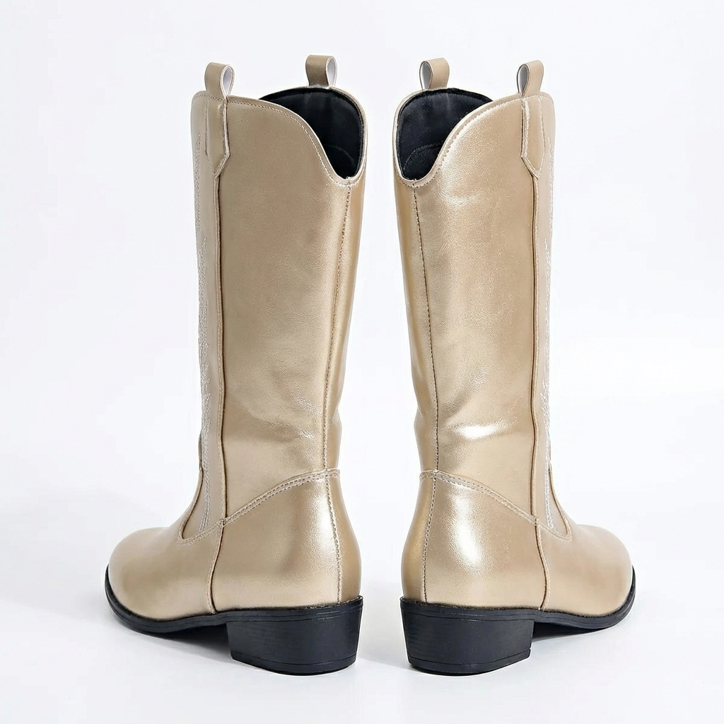 Santiag mi-haute doré Simili Cuir Femme - Broderies, style cowboy