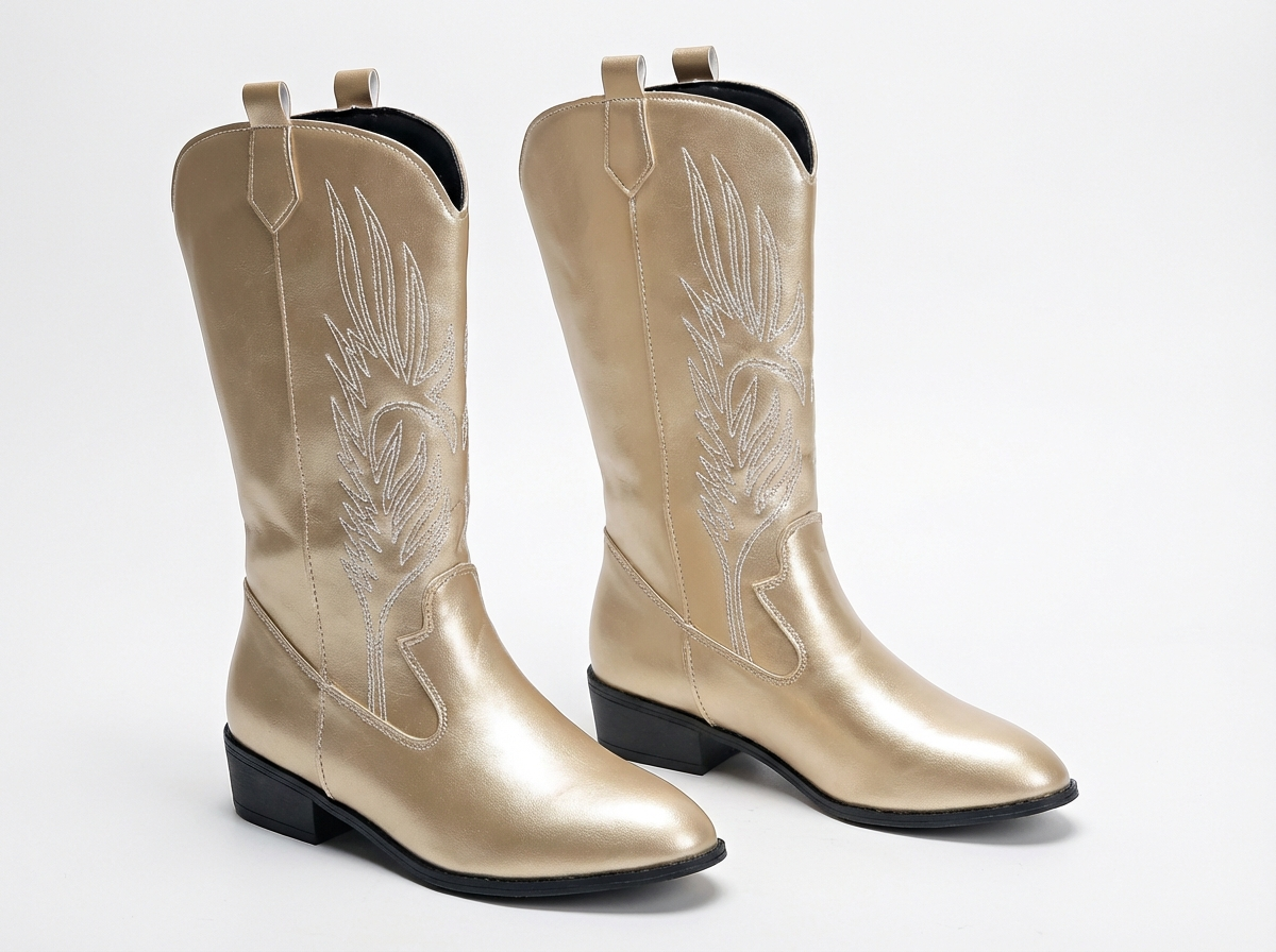 Santiag mi-haute doré Simili Cuir Femme - Broderies, style cowboy