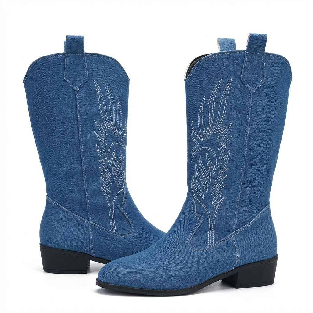 Santiag mi-haute bleu Simili Cuir Femme - Broderies western, languettes