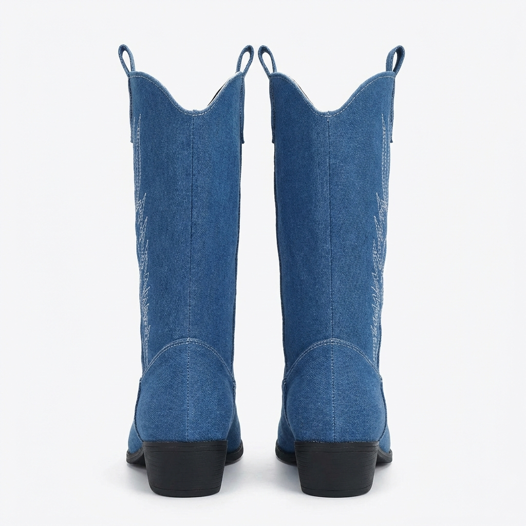 Santiag mi-haute bleu Simili Cuir Femme - Broderies western, languettes