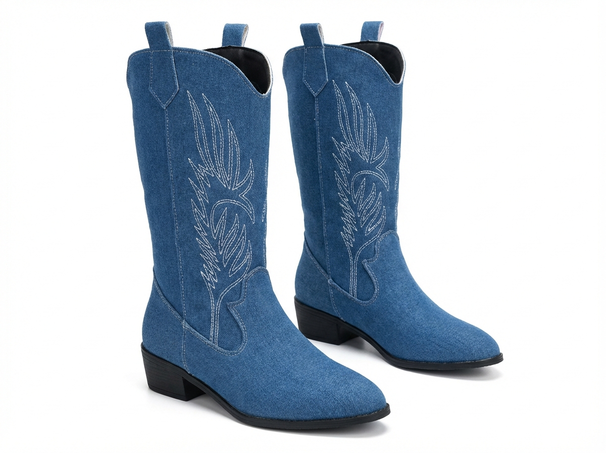 Santiag mi-haute bleu Simili Cuir Femme - Broderies western, languettes
