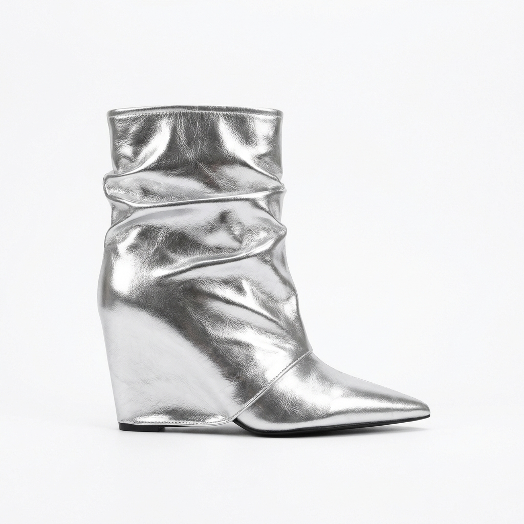 Bottine haute argenté Simili Cuir Femme - Effet plissé