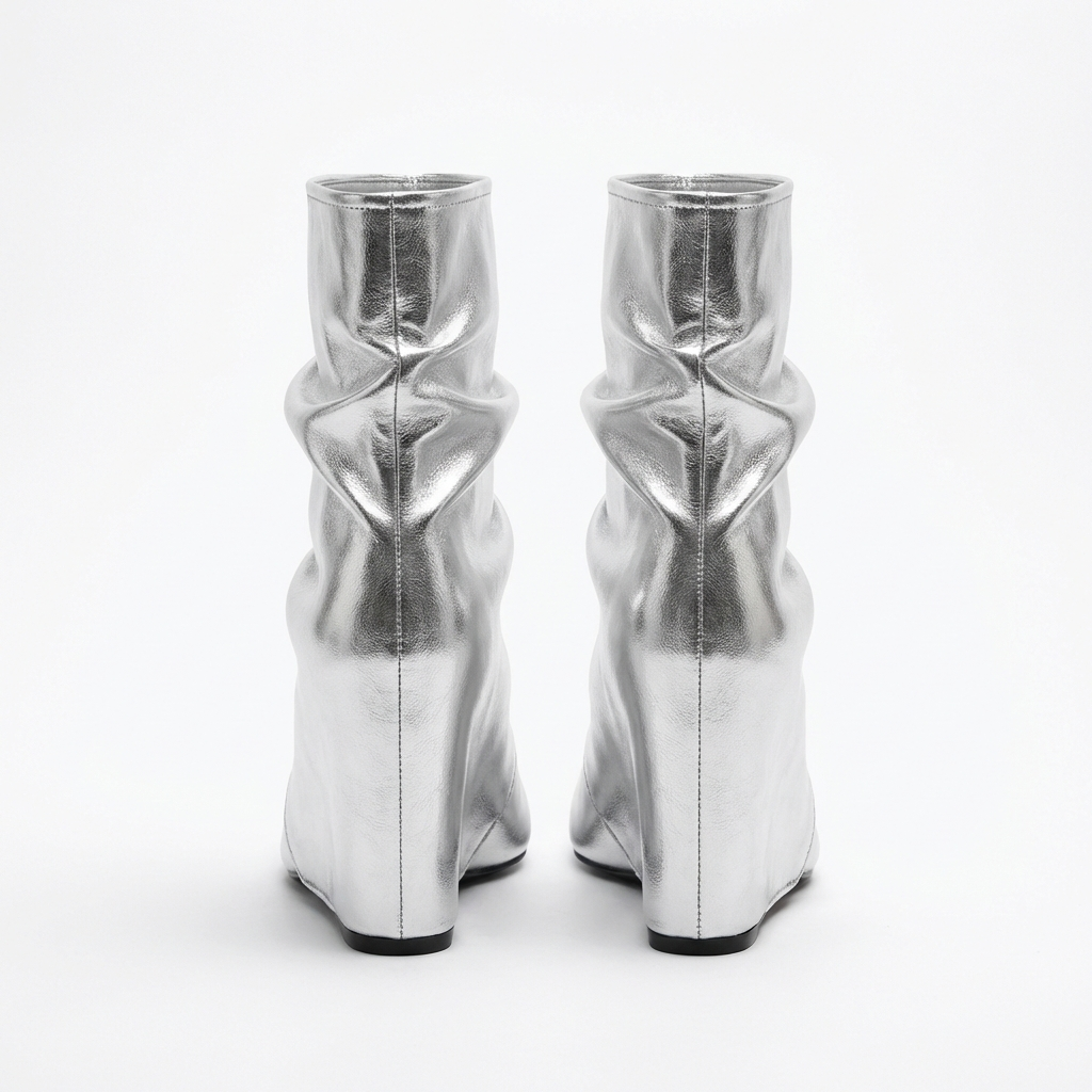 Bottine haute argenté Simili Cuir Femme - Effet plissé