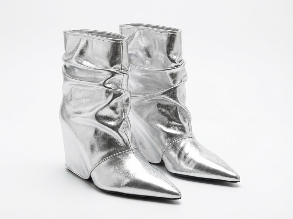 Bottine haute argenté Simili Cuir Femme - Effet plissé
