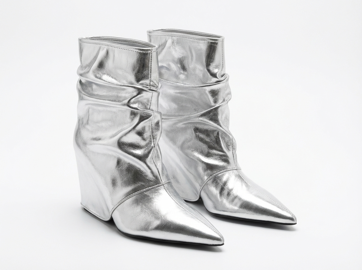 Bottine haute argenté Simili Cuir Femme - Effet plissé