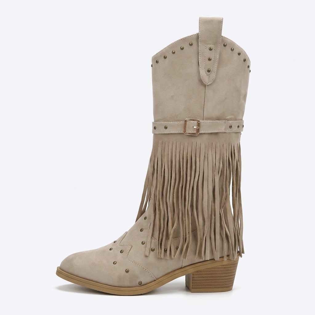 Santiag mi-haute beige Daim Synthétique Femme - Franges longues, clous