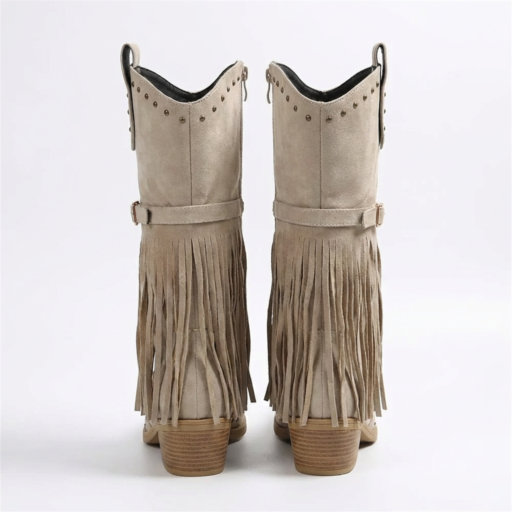 Santiag mi-haute beige Daim Synthétique Femme - Franges longues, clous