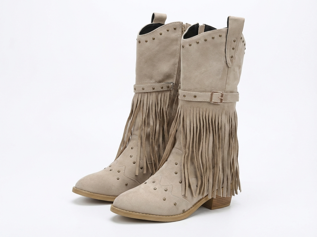 Santiag mi-haute beige Daim Synthétique Femme - Franges longues, clous