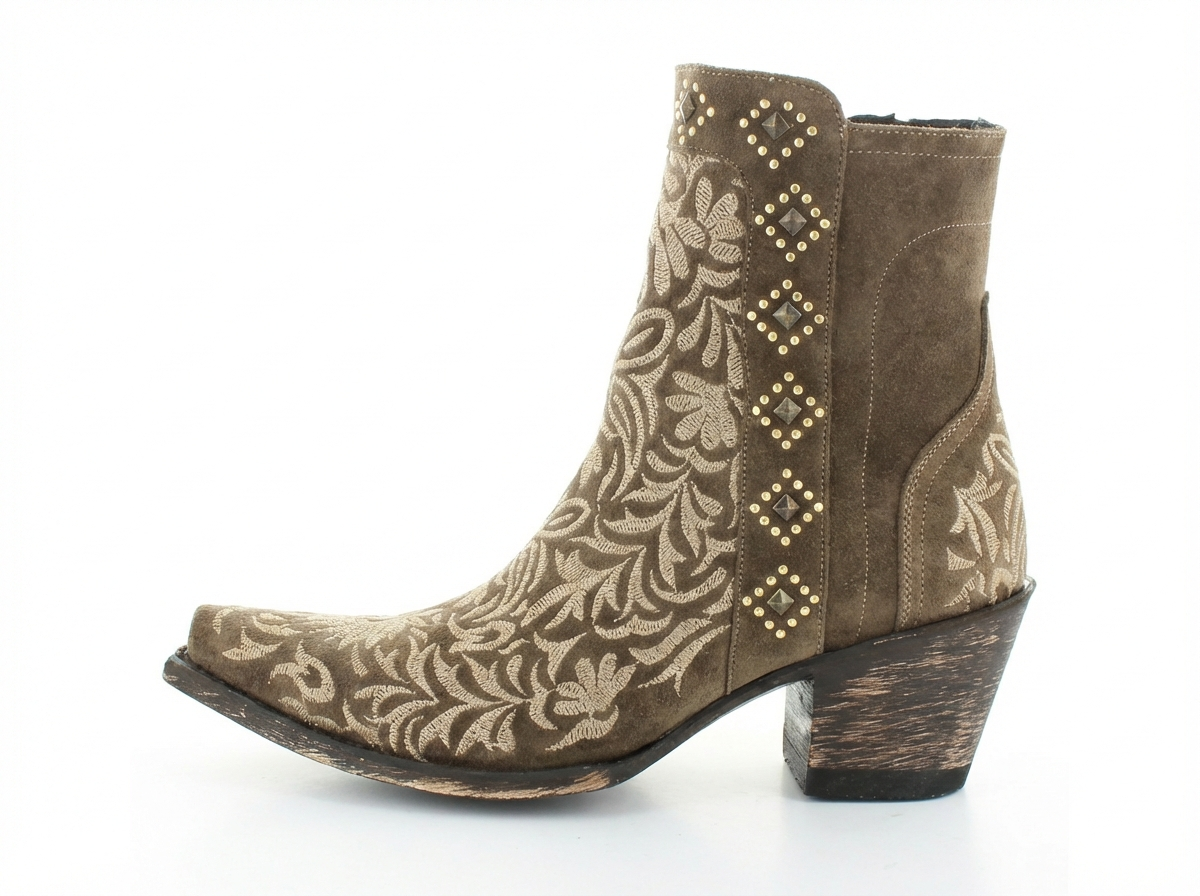 Santiag mi-haute marron Synthétique Femme - Broderies florales, clous dorés