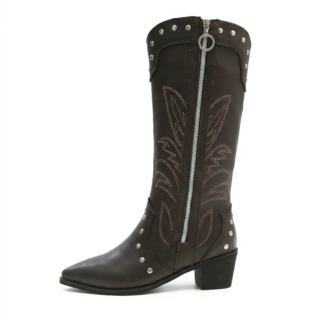 Santiag haute marron foncé Simili Cuir Femme - Broderies western, clous argentés