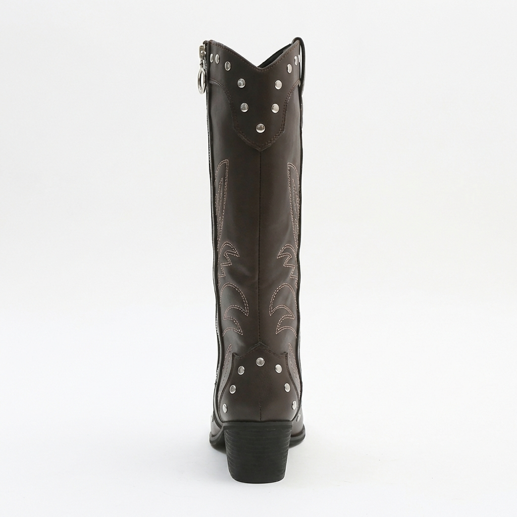Santiag haute marron foncé Simili Cuir Femme - Broderies western, clous argentés