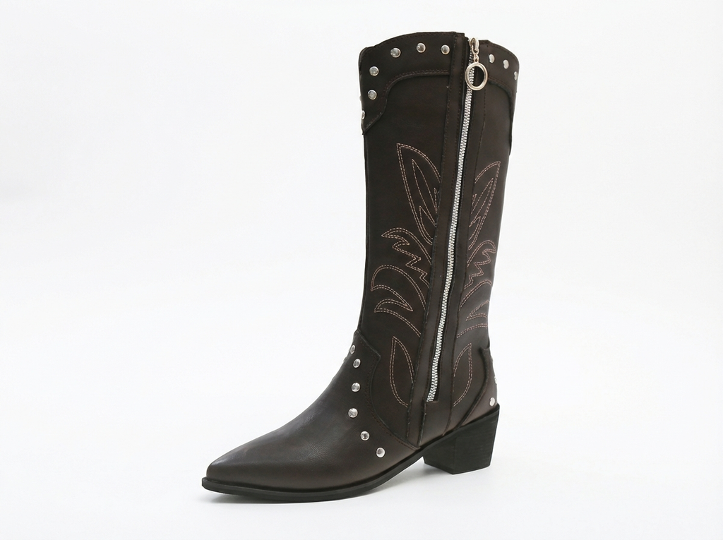 Santiag haute marron foncé Simili Cuir Femme - Broderies western, clous argentés