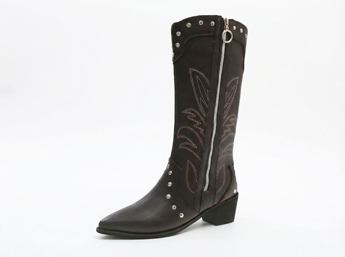 Santiag haute marron foncé Simili Cuir Femme - Broderies western, clous argentés