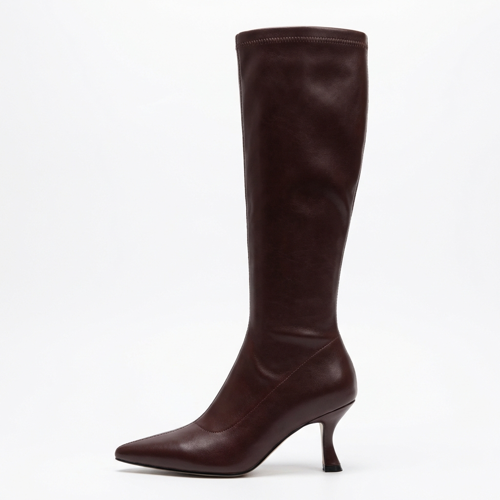 Botte haute marron foncé Simili Cuir Femme - Bout pointu, talon aiguille