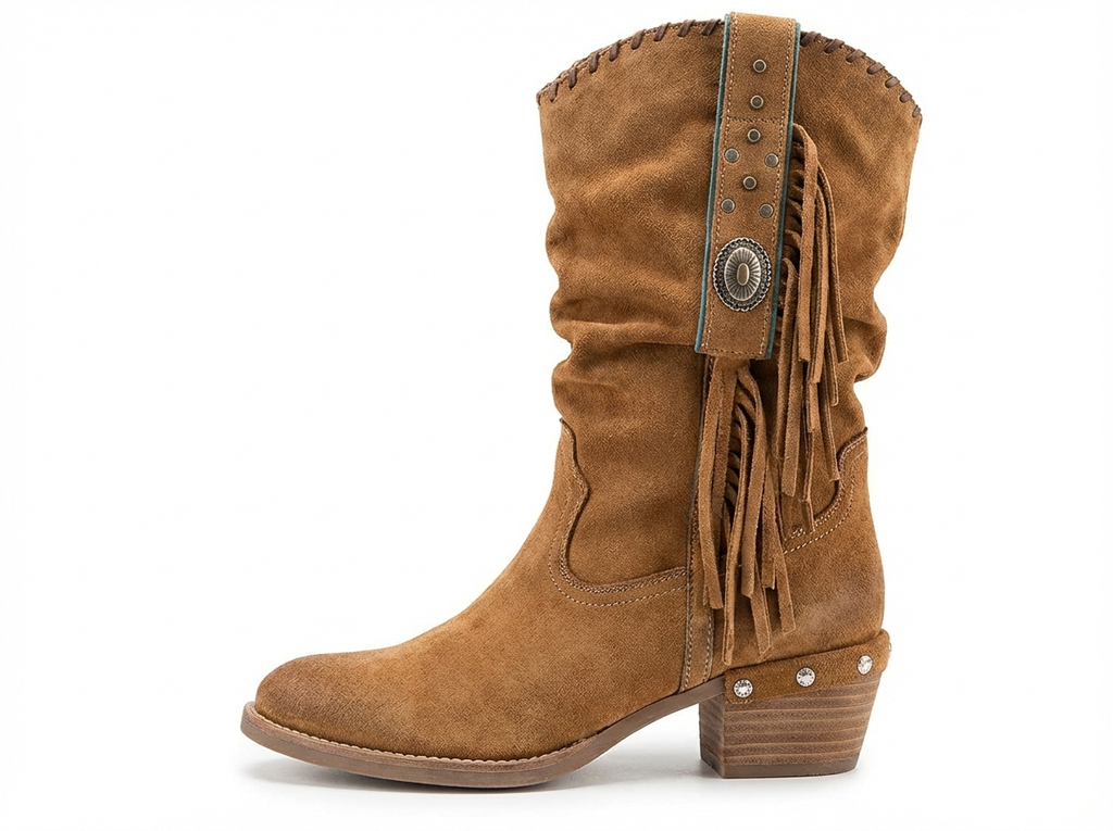 Santiag mi-haute marron clair Daim Synthétique Femme - Franges, ornements métal