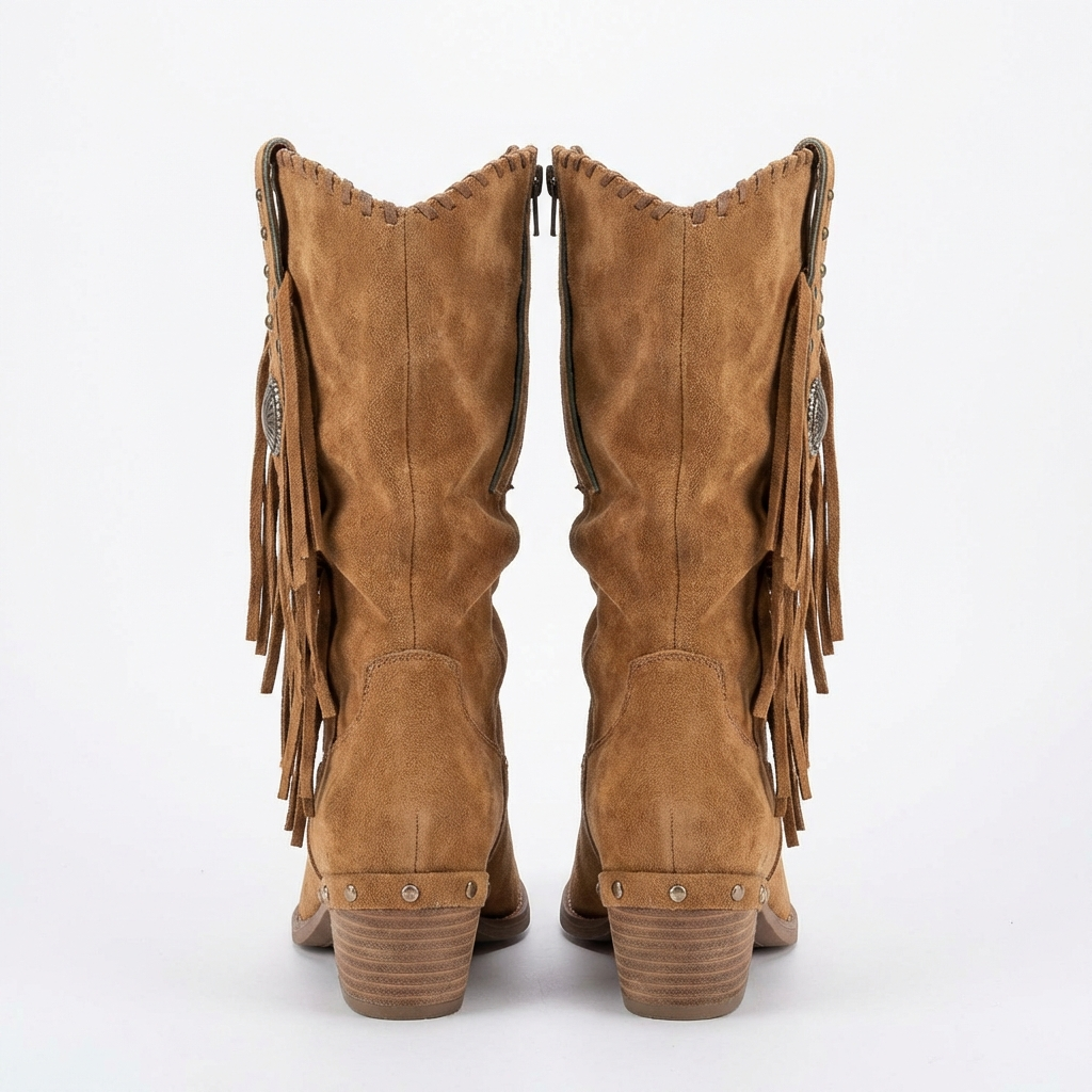Santiag mi-haute marron clair Daim Synthétique Femme - Franges, ornements métal